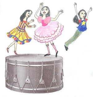 Rosie Flo's Music colouring book dancing on drum